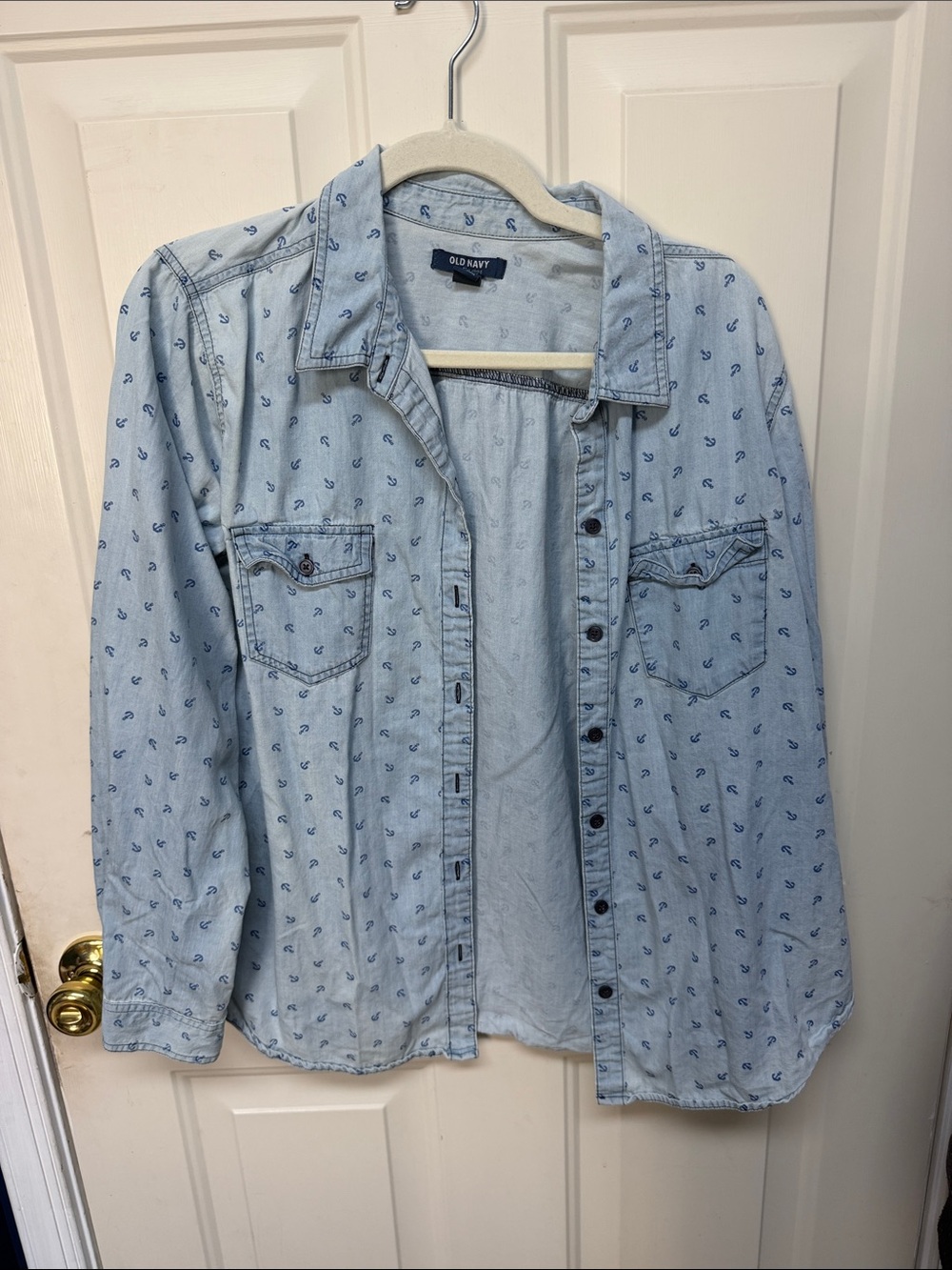 Old Navy Light Blue Denim Button-Down Shirt with Navy Micro Print